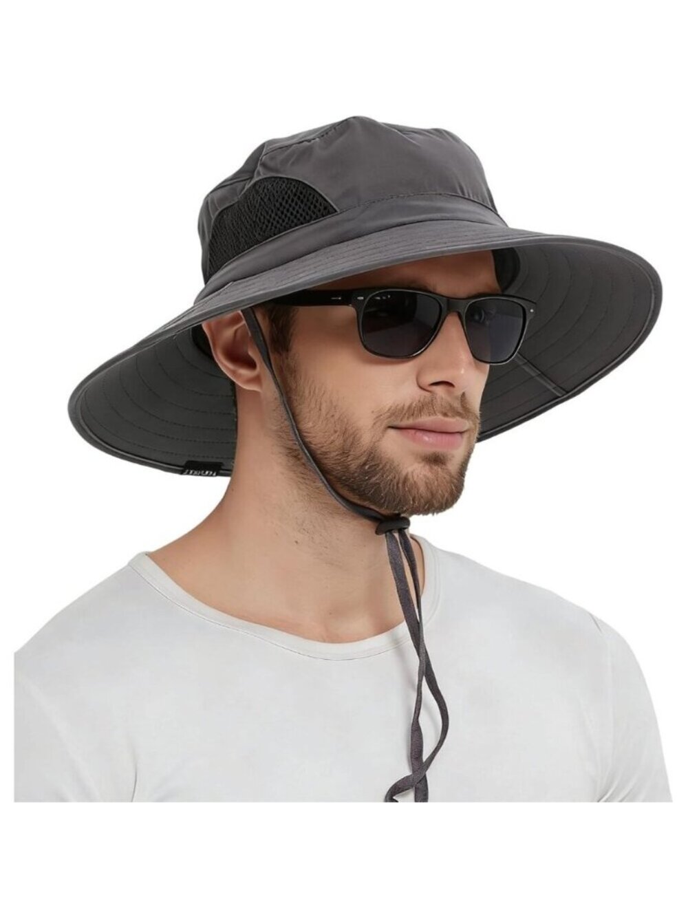 Unisex Dark Grey 100% Polyester Wide Brim Mesh Vents With Chin Strap Fishing Hat